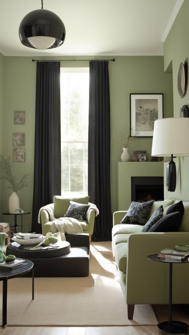 sage green sofa, sage green walls, sage green decor, black accent furniture, black and green color scheme