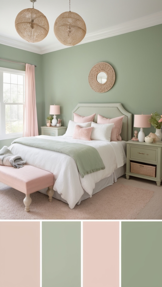 sage green bedroom decor, blush pink bedding, bedroom design ideas, sage green walls, blush bedroom decor