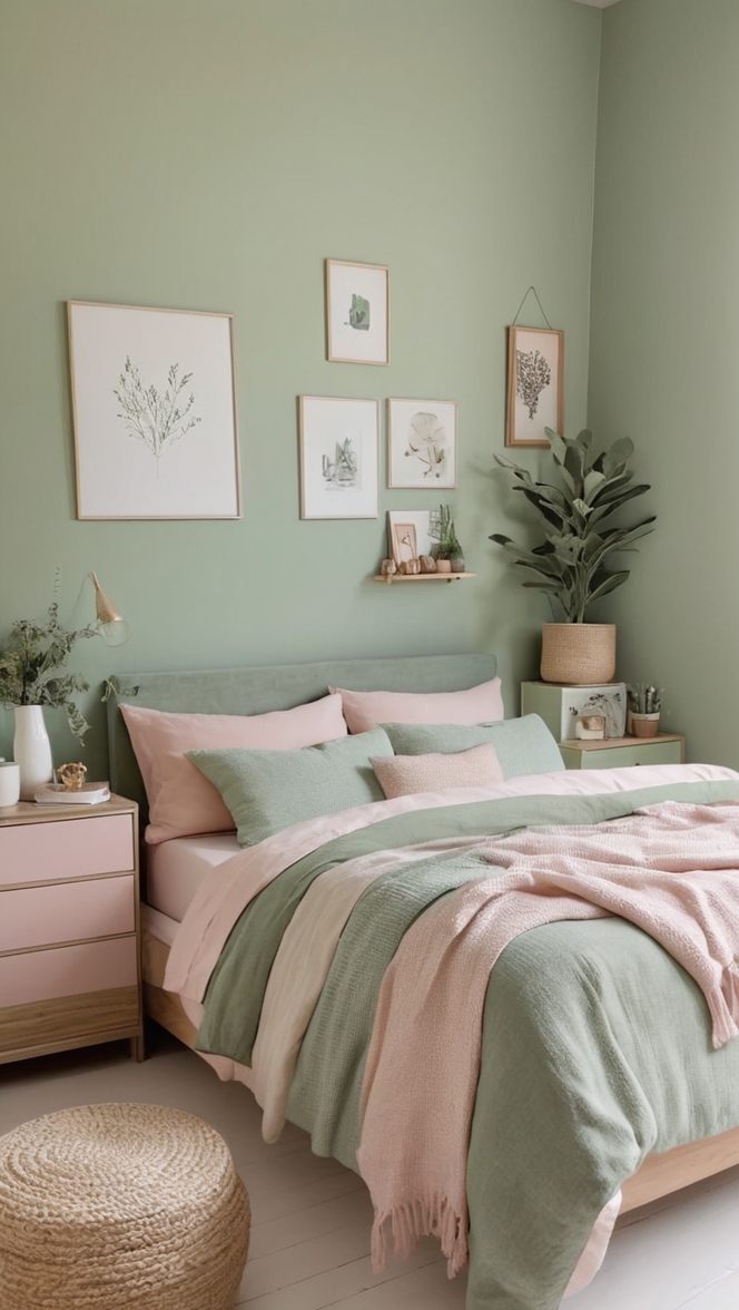 sage green bedroom decor, blush pink bedding, bedroom design ideas, sage green walls, blush bedroom decor
