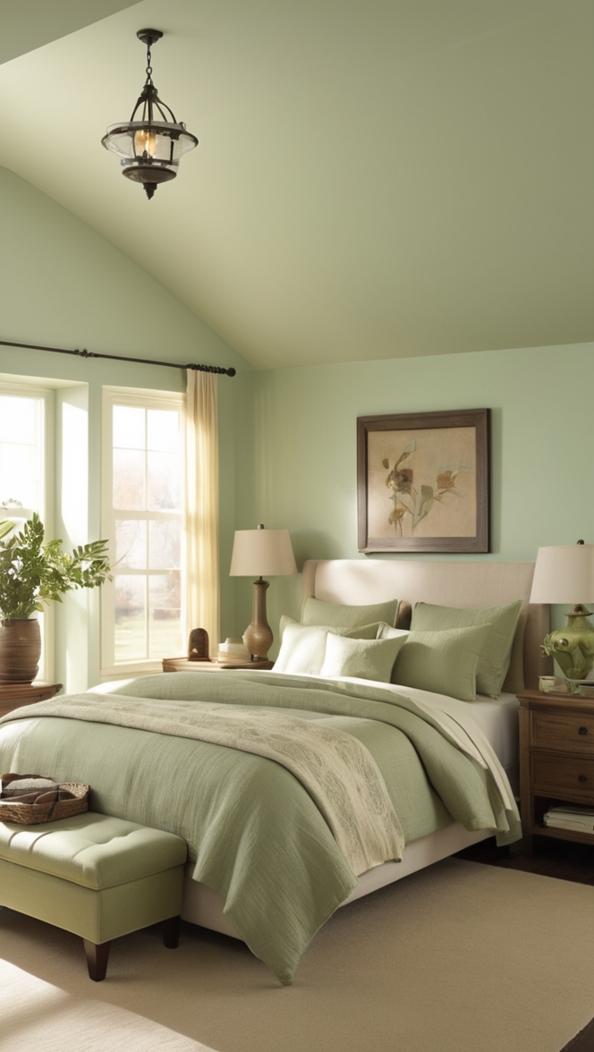 sage green bedding, cream upholstered headboard, sage green walls, cream accent chair, sage green curtains