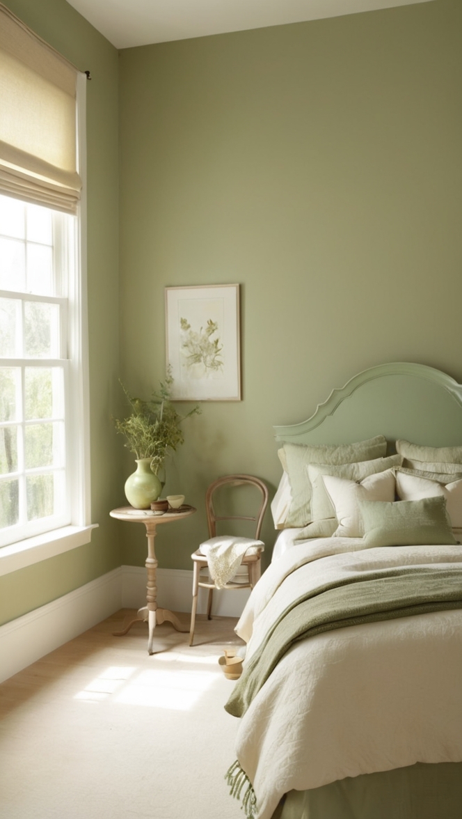 sage green bedding, cream upholstered headboard, sage green walls, cream accent chair, sage green curtains