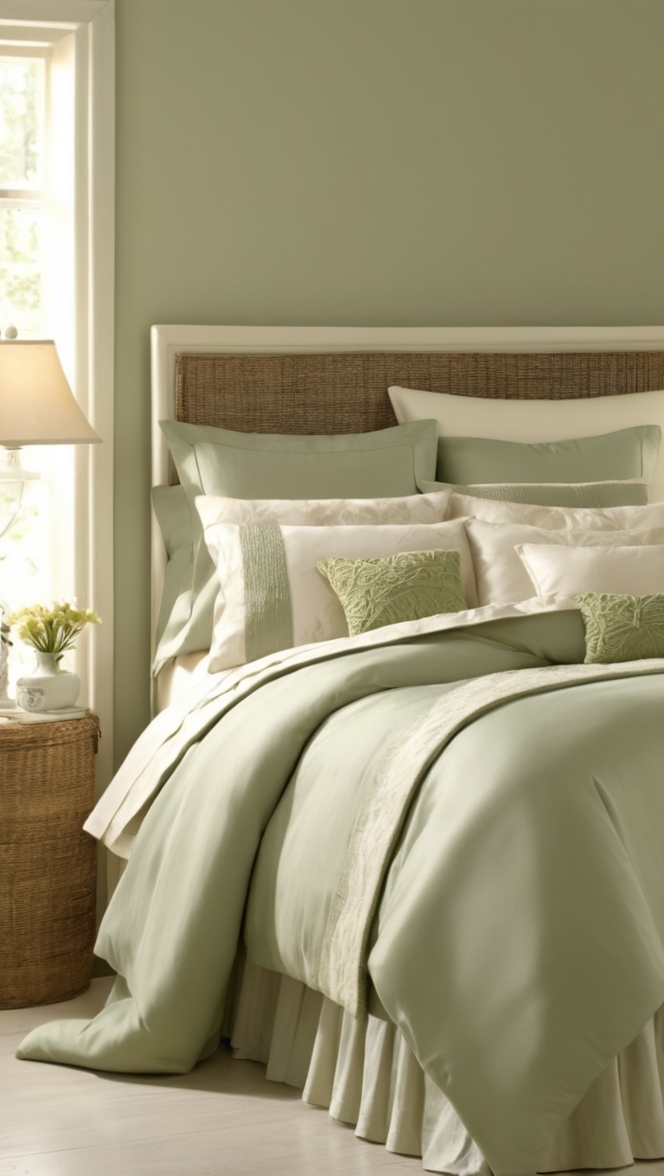 sage green bedroom decor, sage green bedroom ideas, sage green bedding, cream bedroom decor, cream and sage green bedroom