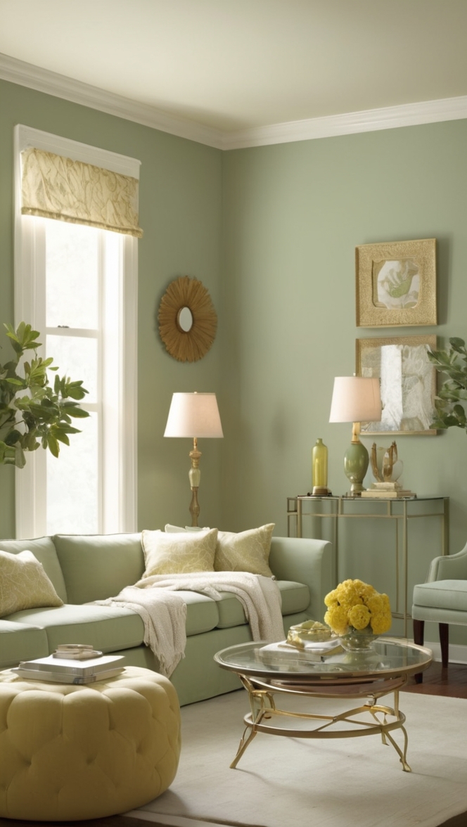 sage green curtains, sage green sofa, gold accent wall, gold curtain rods, living room decor