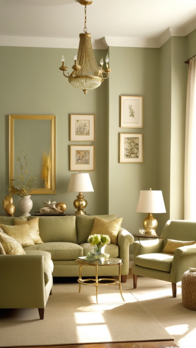 sage green curtains, sage green sofa, gold accent wall, gold curtain rods, living room decor