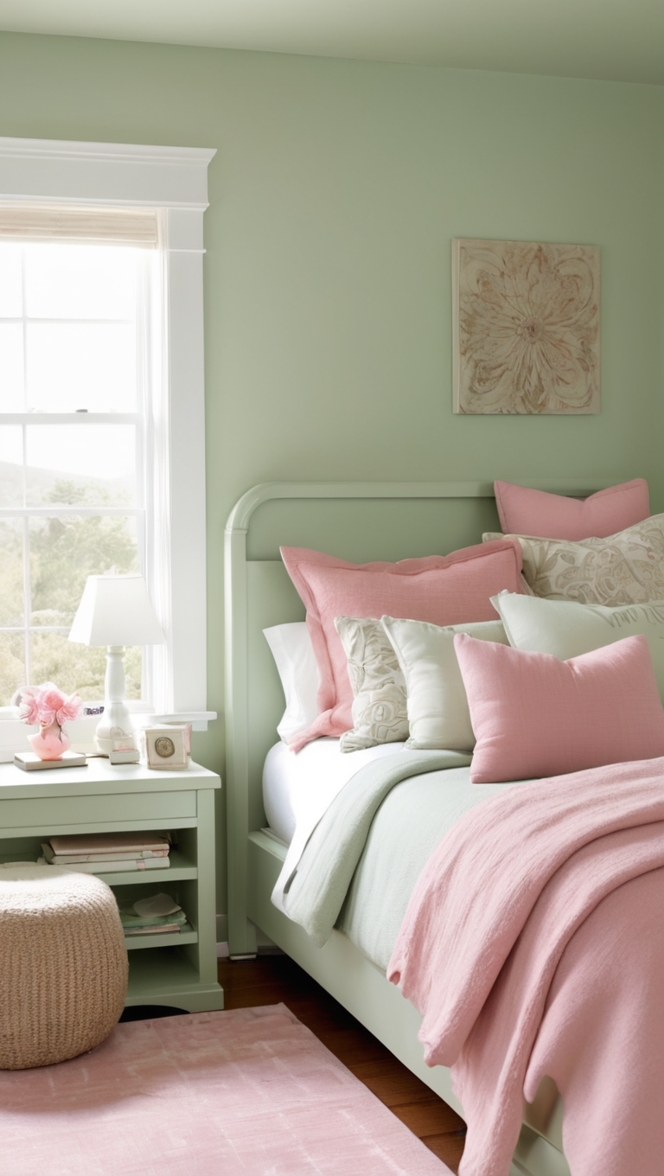 sage green bedroom, pink and green decor, pastel bedroom ideas, soft pink bedding, green accent wall