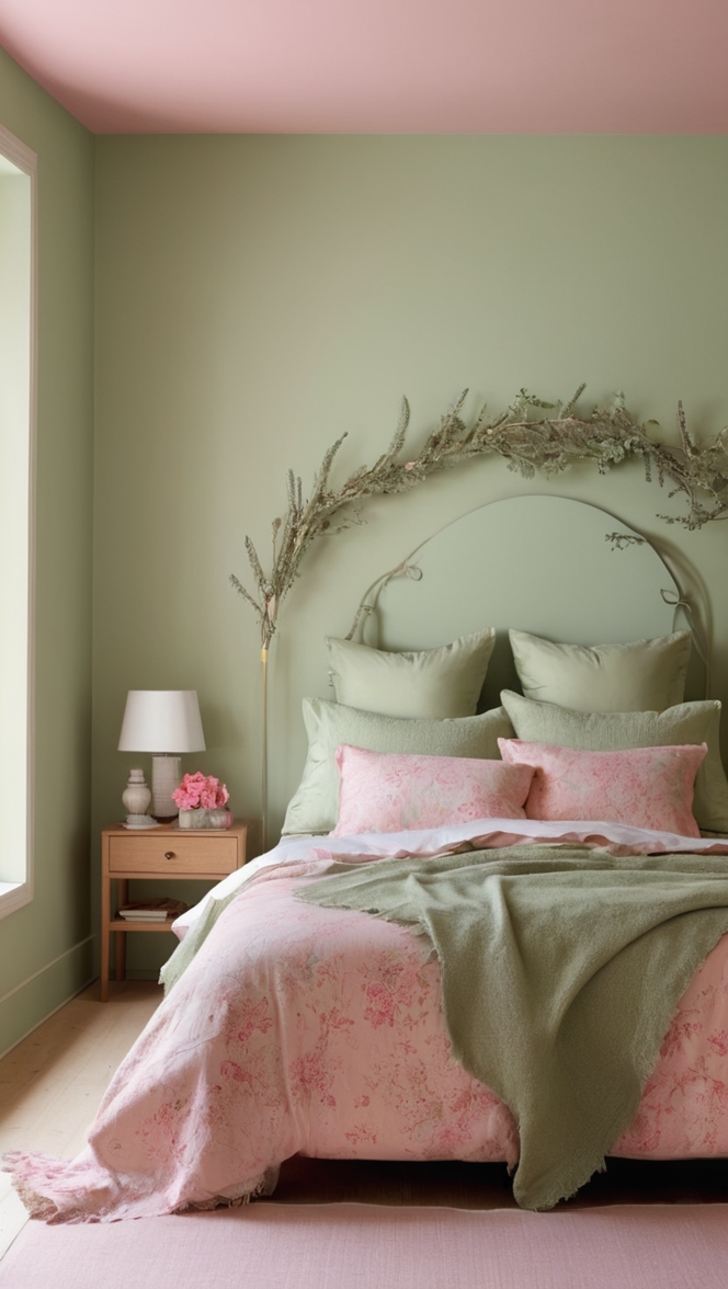 sage green bedroom, pink and green decor, pastel bedroom ideas, soft pink bedding, green accent wall