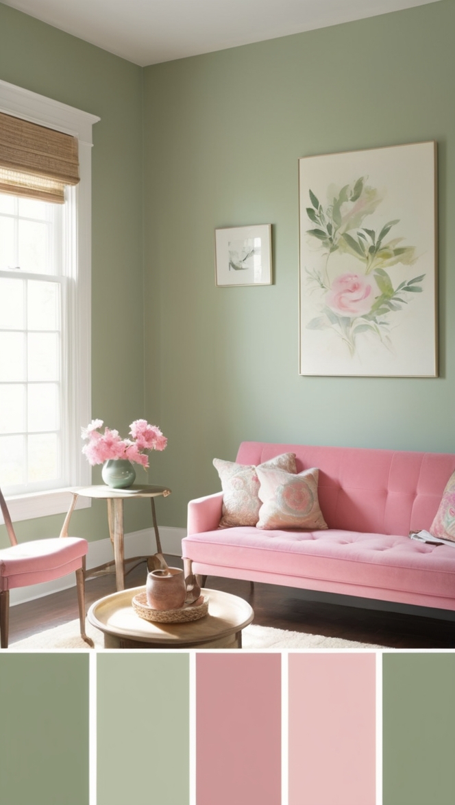 sage green paint, pink living room decor, sage green walls, pink accent furniture, sage green and pink curtains
