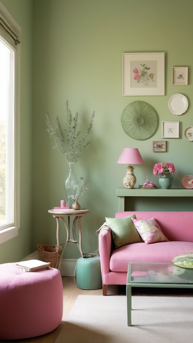 sage green paint, pink living room decor, sage green walls, pink accent furniture, sage green and pink curtains