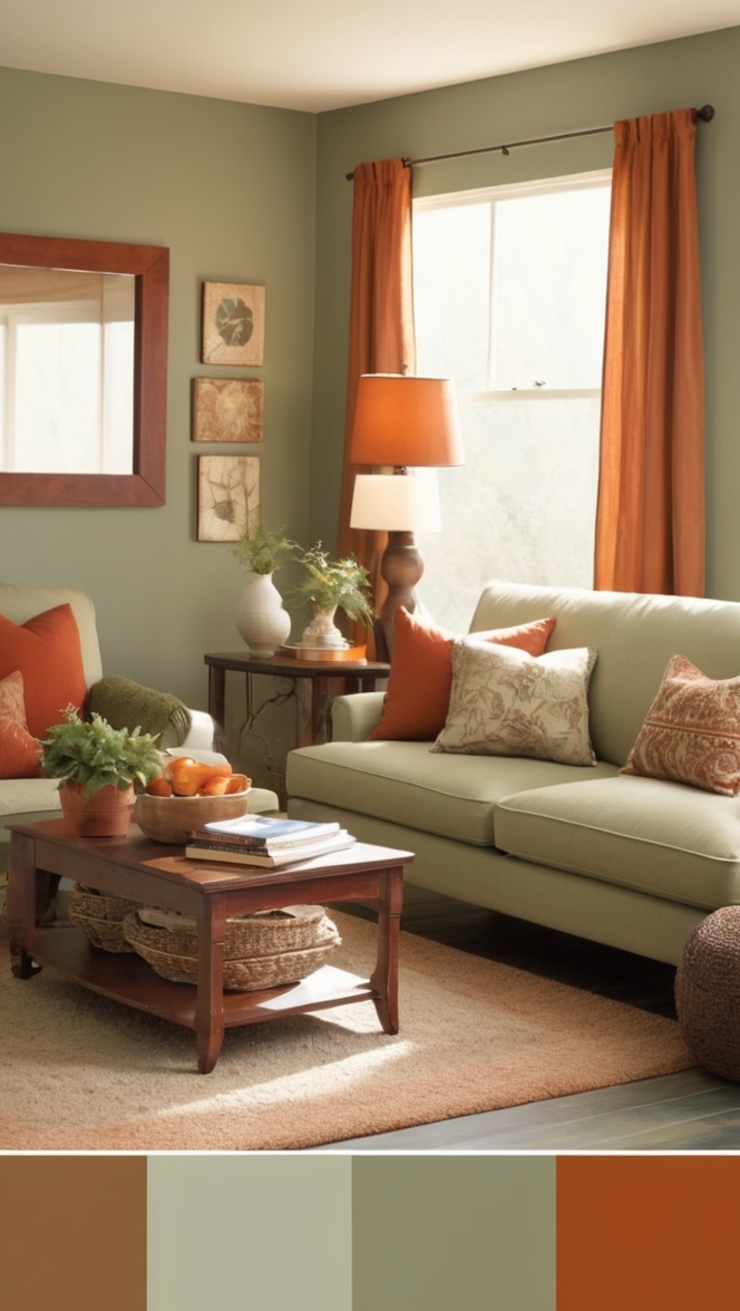 sage green decor, green and rust color scheme, earthy living room, rustic home decor, natural color palette