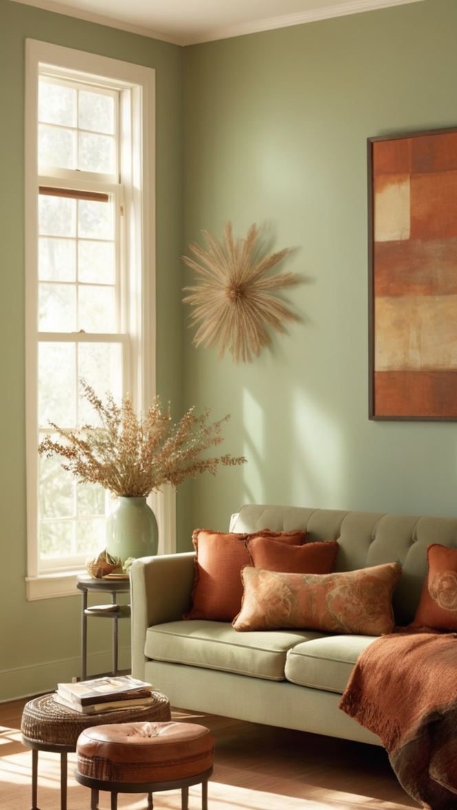 sage green decor, green and rust color scheme, earthy living room, rustic home decor, natural color palette