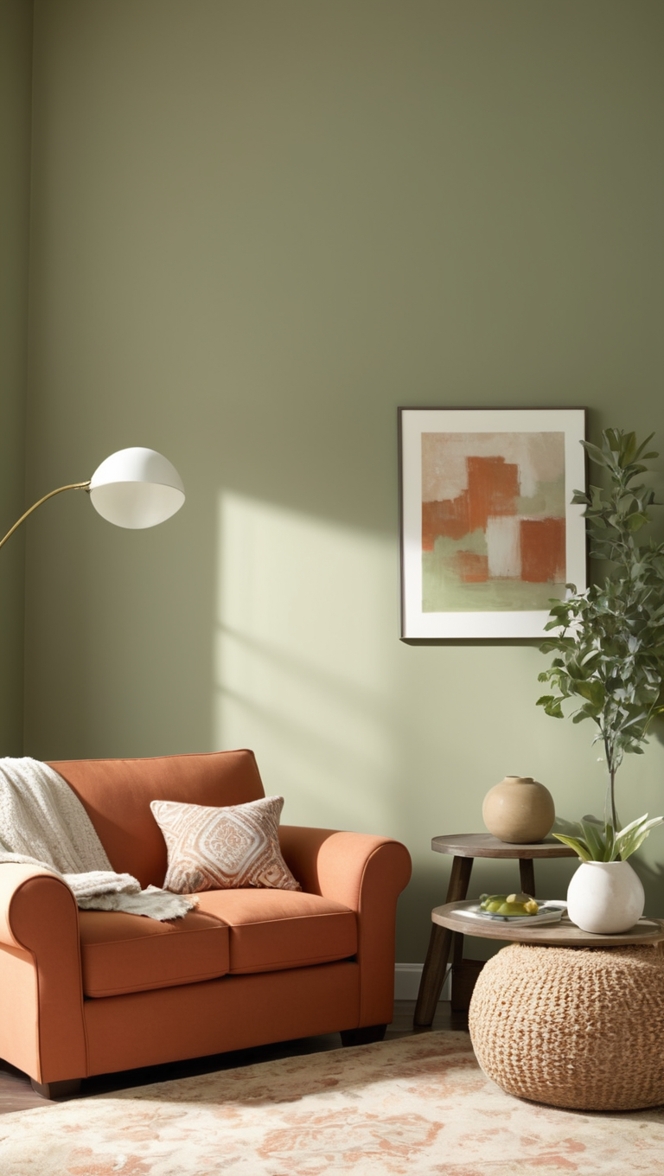 sage green sofa, terracotta rug, living room decor, interior design, home furnishings