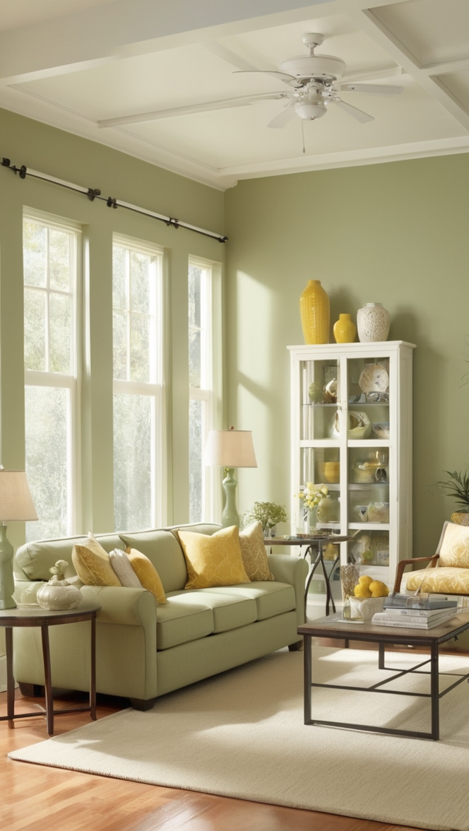 sage green sofa, yellow accent wall, living room decor, interior design, home furnishings