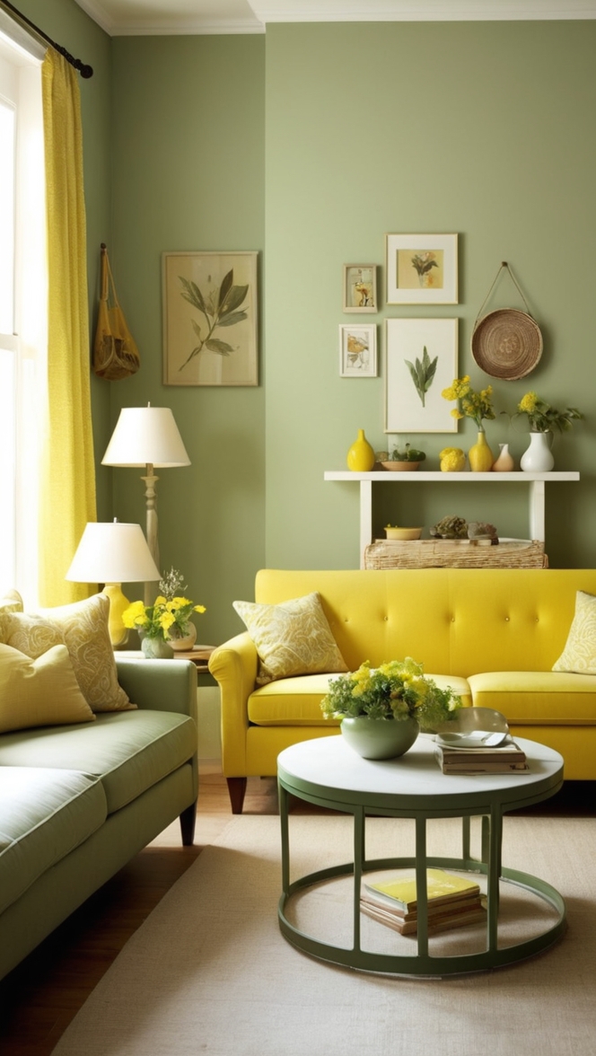sage green sofa, yellow accent wall, living room decor, interior design, home furnishings