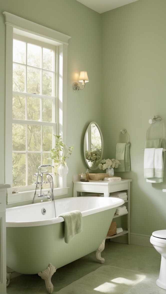 How can I achieve a serene atmosphere in my sage green bathroom? ?