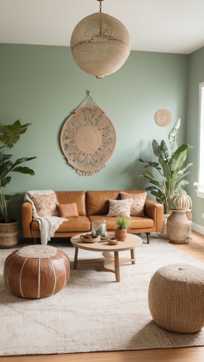 sage green decor, sage green furniture, modern boho living room, cozy sage green, boho style decorating