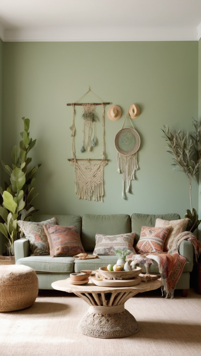How can I decorate my living room with a cozy sage green boho style? ?
