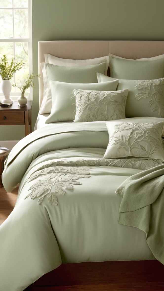 sage green bedding, green comforter set, sage green duvet cover, luxurious green bedding, cozy sage green bedding