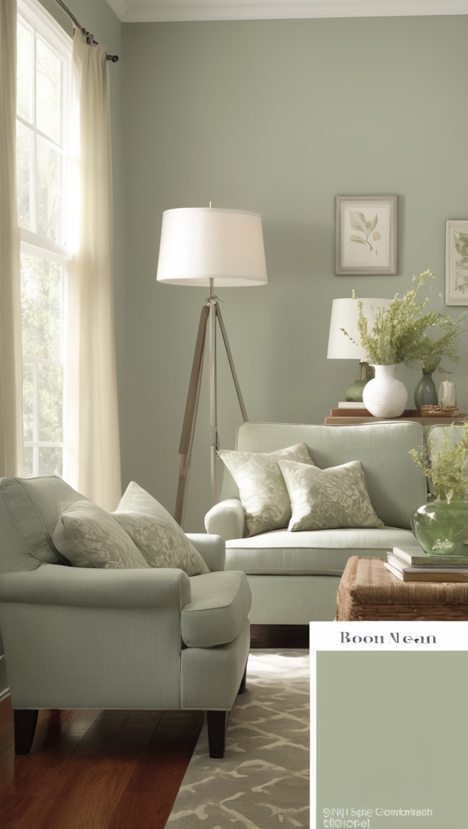 living room decor, green and grey color scheme, cozy home interior, sage green furniture, modern interior design