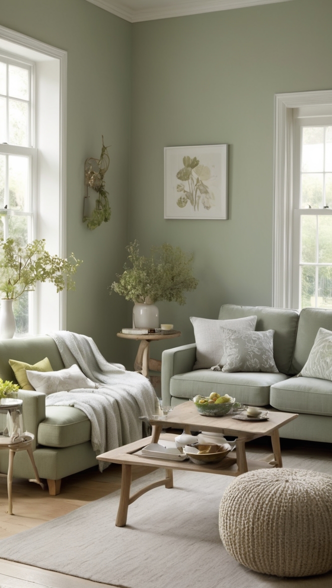 living room decor, green and grey color scheme, cozy home interior, sage green furniture, modern interior design