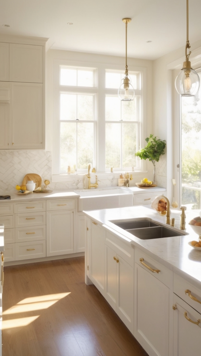 white kitchen cabinets, gold kitchen hardware, luxury kitchen design, modern kitchen backsplash, designer kitchen appliances
