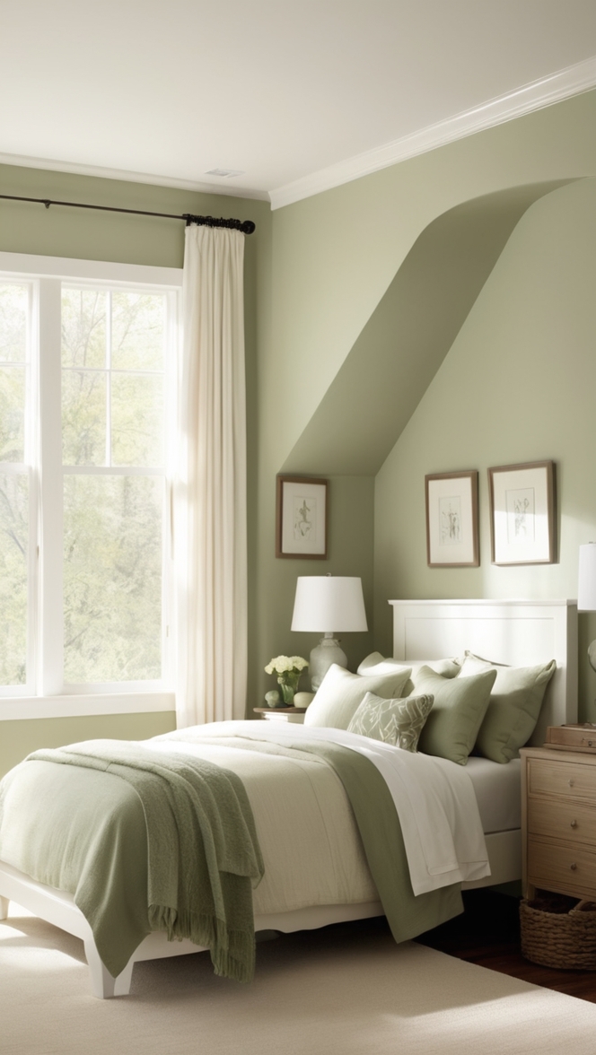 white bedding,, sage green decor,, bedroom design ideas,, luxury bedroom furniture,, elegant bedroom decor