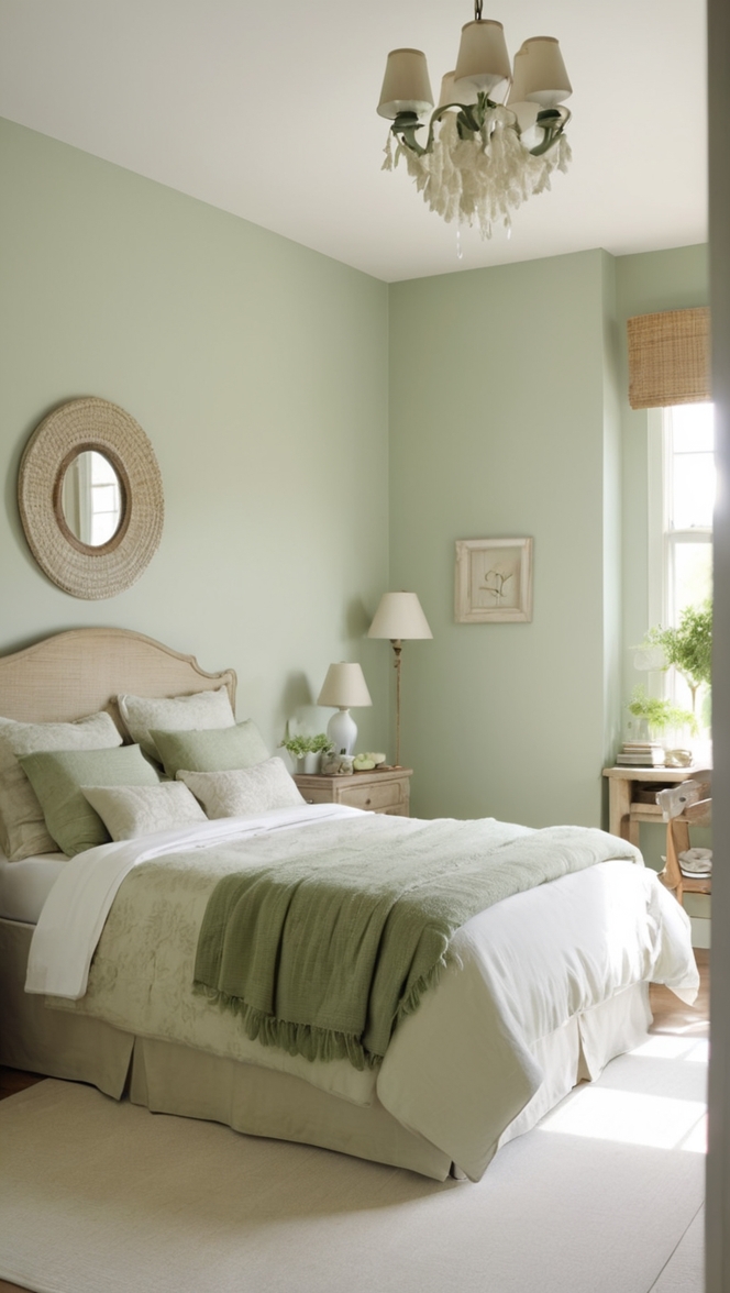 white bedding,, sage green decor,, bedroom design ideas,, luxury bedroom furniture,, elegant bedroom decor