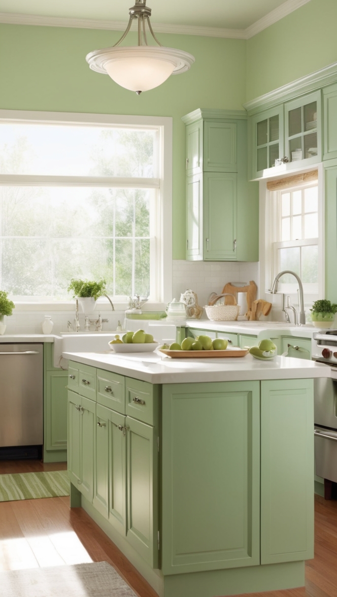 green kitchen cabinets, modern white kitchen, eco-friendly kitchen design, white and green backsplash, sustainable kitchen renovation