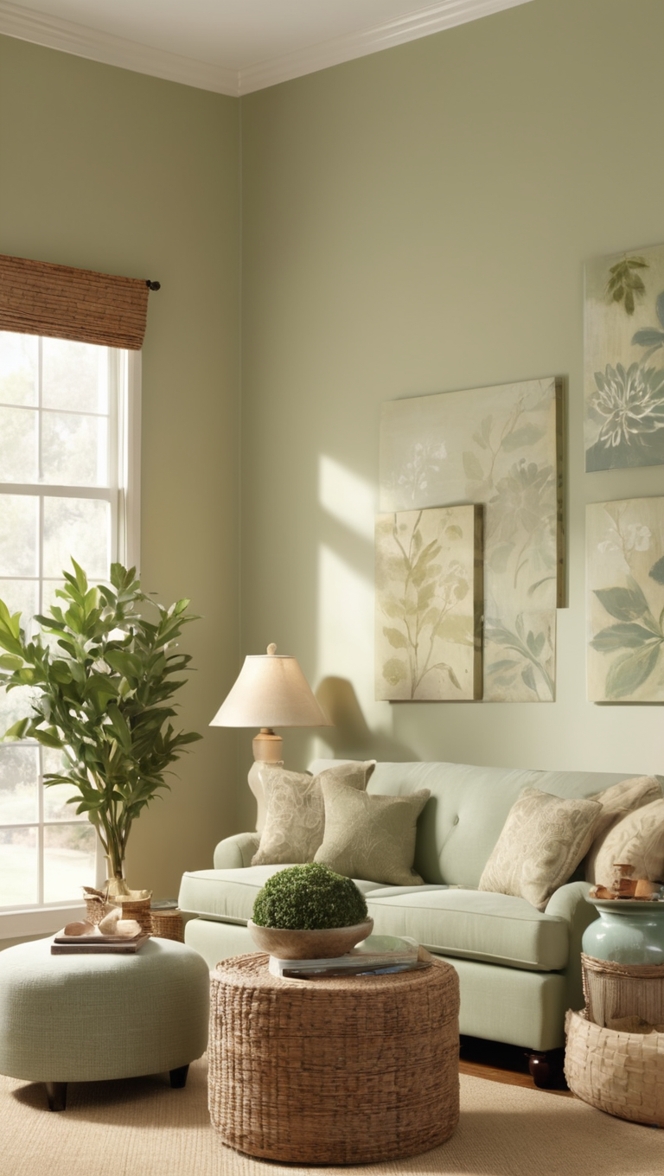 green living room decor, beige sofa, sage green walls, neutral color scheme, elegant living space