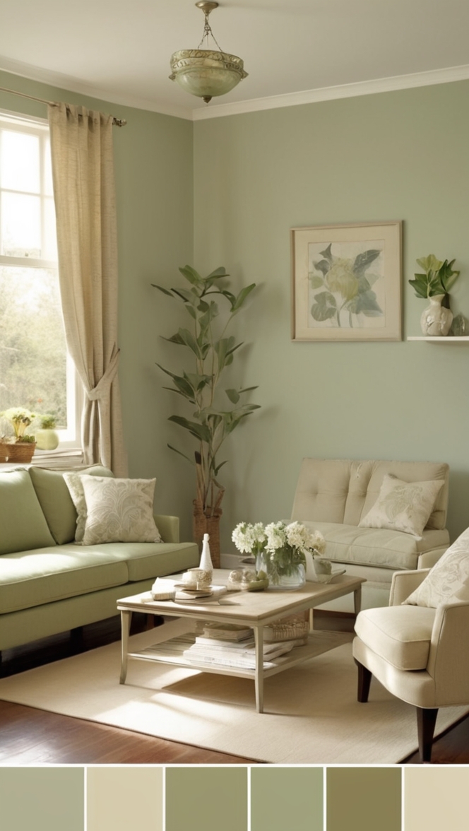 How can I style my sage green and beige living room for a cozy vibe? ?