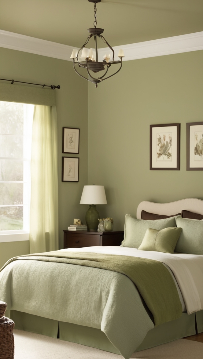 sage green bedding, brown curtains, bedroom decor, green and brown rugs, sage green walls