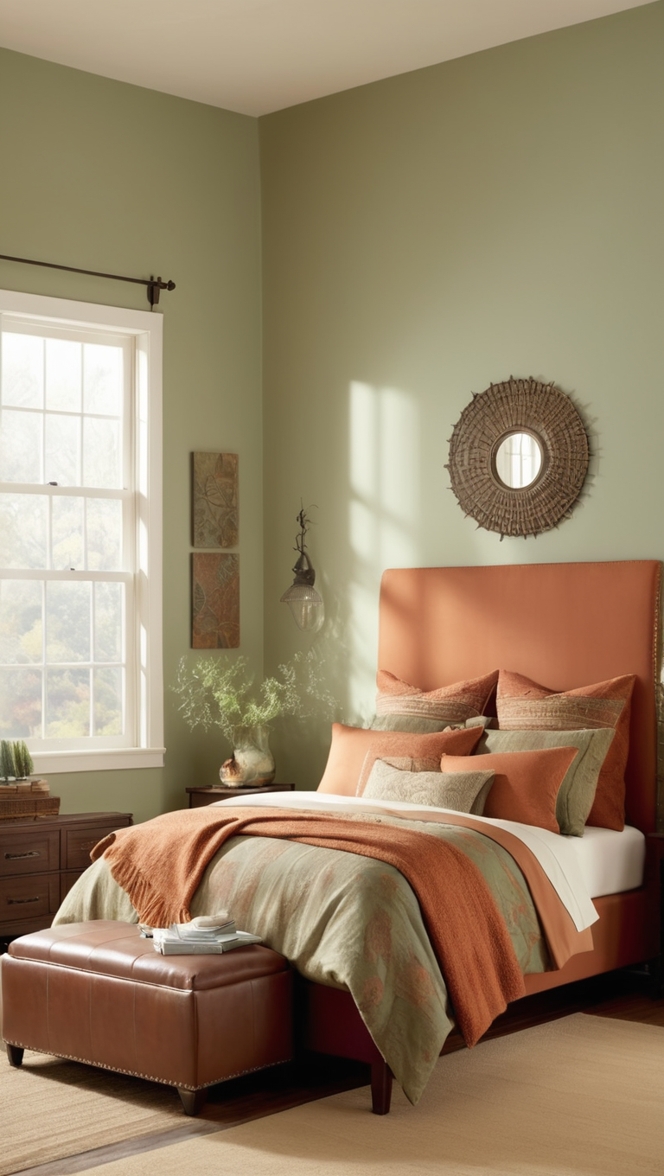 sage green bedding, terracotta paint, bedroom decor, earthy tones, interior design