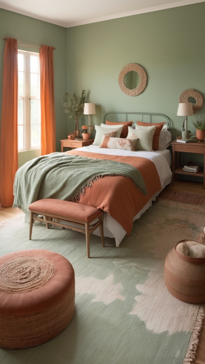 sage green bedding, terracotta paint, bedroom decor, earthy tones, interior design
