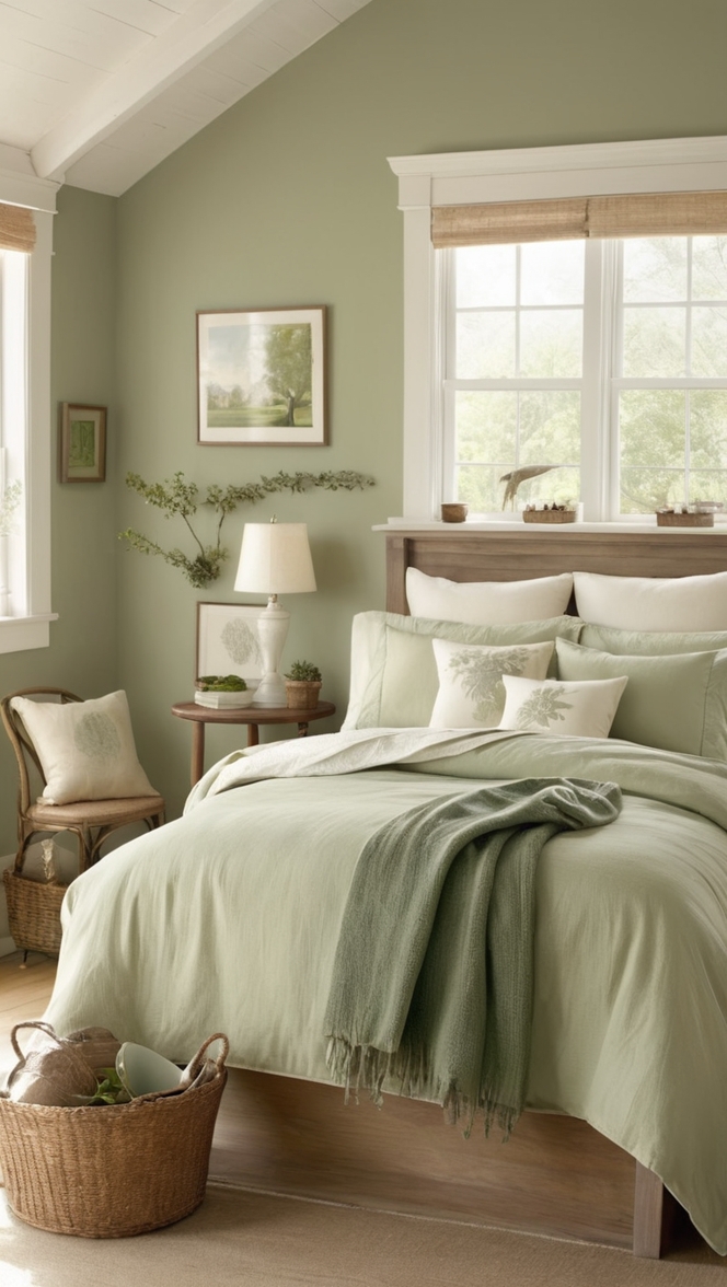 sage green bedding, rustic farmhouse decor, shabby chic furniture, vintage bedroom ideas, cottagecore style
