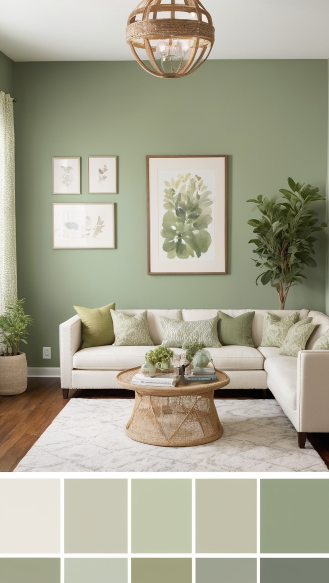 sage green sofa, sage green curtains, sage green wall paint, sage green throw pillows, sage green furniture