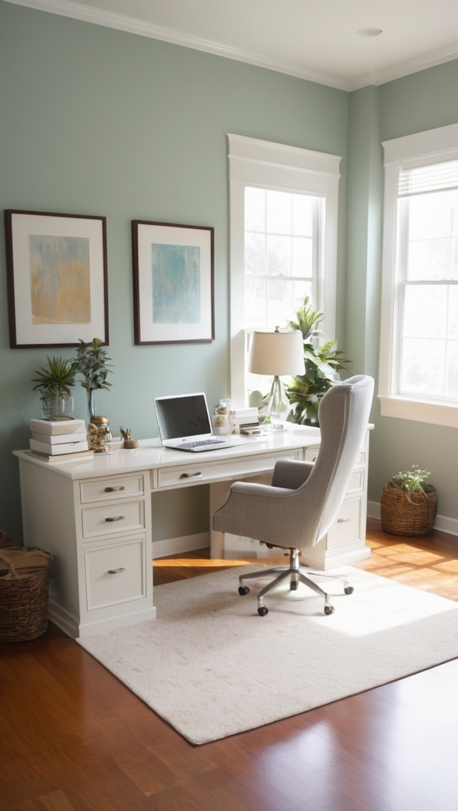 Calming Office Decor, Productive Workspace, Organized Office Space, Serene Work Environment, Relaxing Office Design