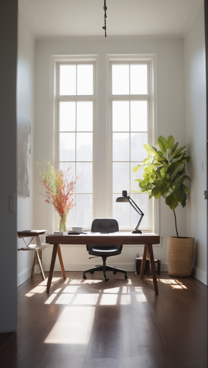 Calming Office Decor, Productive Workspace, Organized Office Space, Serene Work Environment, Relaxing Office Design