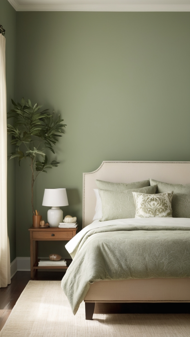 sage green bedding, sage green curtains, dark green bedroom decor, green bedroom furniture, dark green paint palette