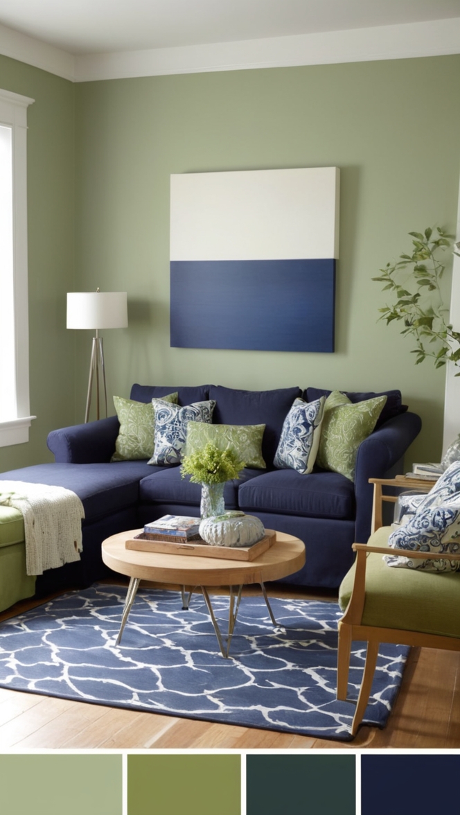 navy blue living room decor, navy blue living room furniture, navy blue and sage green decor, sage green living room furniture, sage green and navy blue living room
