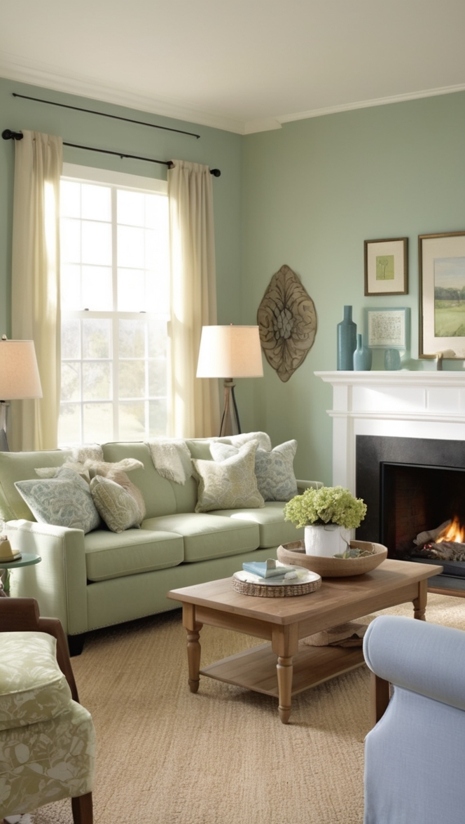 sage green paint, blue and green decor, living room color scheme, modern green living room, blue green wall art