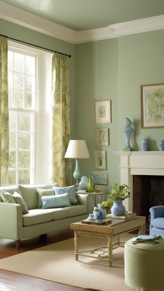 sage green paint, blue and green decor, living room color scheme, modern green living room, blue green wall art