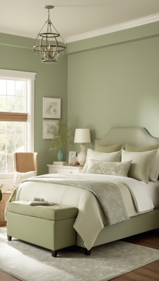 sage green bedroom decor, sage green wall paint, sage green bedding, sage green home accessories, sage green furniture