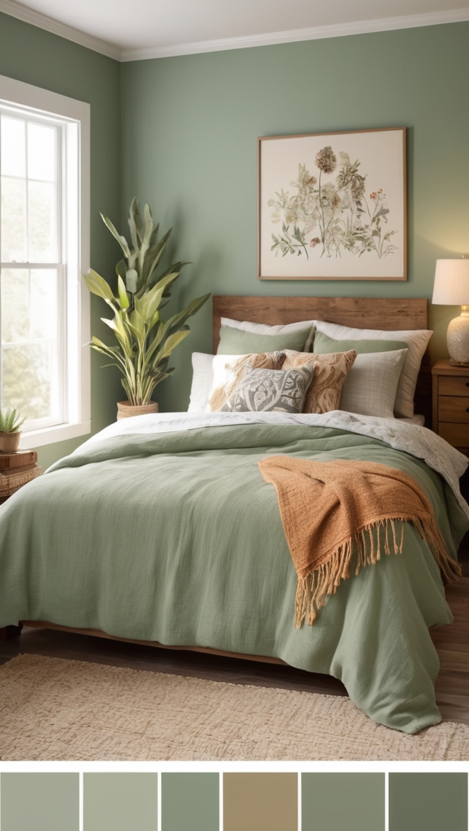 sage green comforter, boho bedding, green boho decor, sage green curtains, bohemian bedroom design