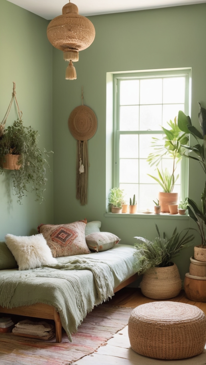 sage green comforter, boho bedding, green boho decor, sage green curtains, bohemian bedroom design