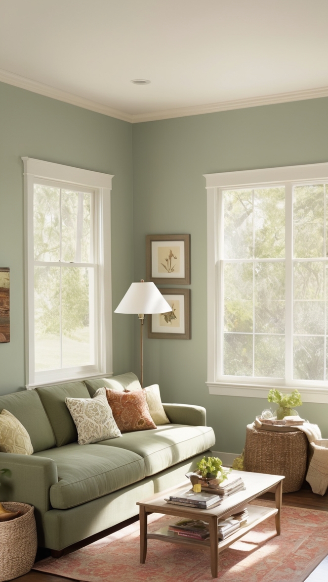 sage green couch, living room decor, cozy living room, green sofa, upscale home decor