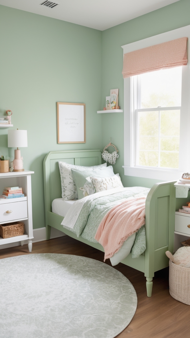 sage green bedding set, sage green wall decor, sage green curtains, sage green throw pillows, sage green area rug