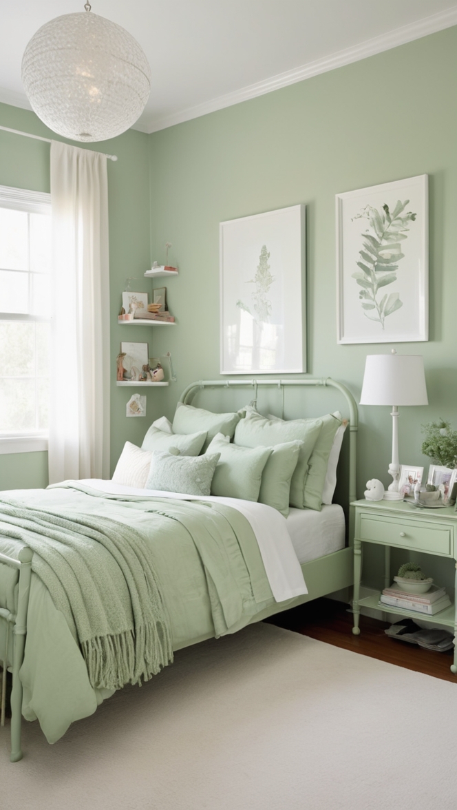 sage green bedding set, sage green wall decor, sage green curtains, sage green throw pillows, sage green area rug