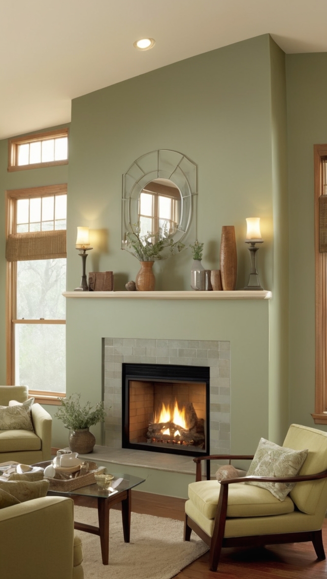 sage green paint, sage green decor, fireplace design ideas, cozy living room, home renovation ideas