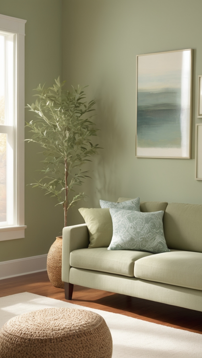 sage green decor, small living room ideas, small living room design, sage green color scheme, cozy living room