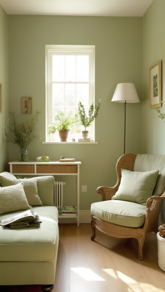 sage green decor, small living room ideas, small living room design, sage green color scheme, cozy living room