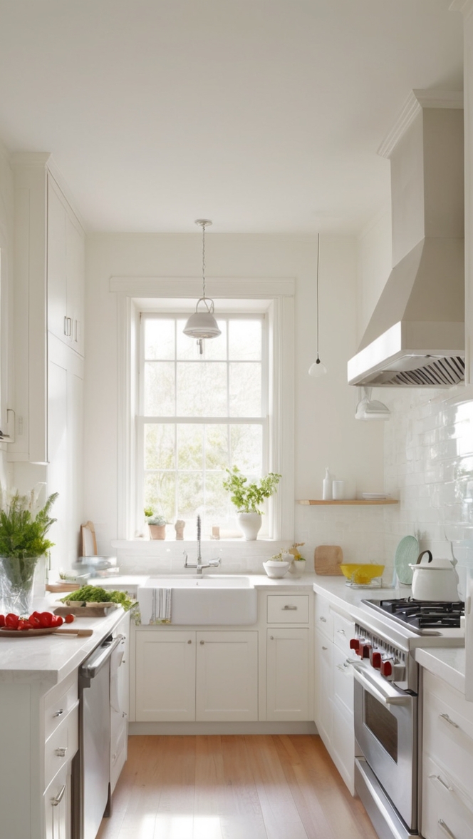 white shaker cabinets, small kitchen remodel, quartz countertops, farmhouse sink, kitchen island